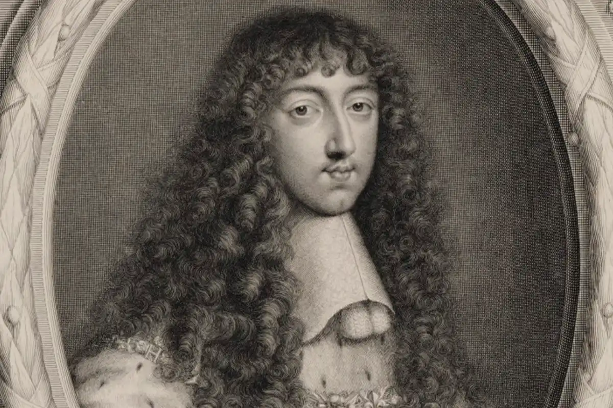 Bust portrait of Louis XIV in a three-quarter view, facing right, set within an oval border. Engraved by P. van Schuppen.