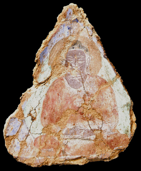 A painting fragment from the Foladi cave. This painting of a Buddha figure was identified as an oil painting (© NRICPT).