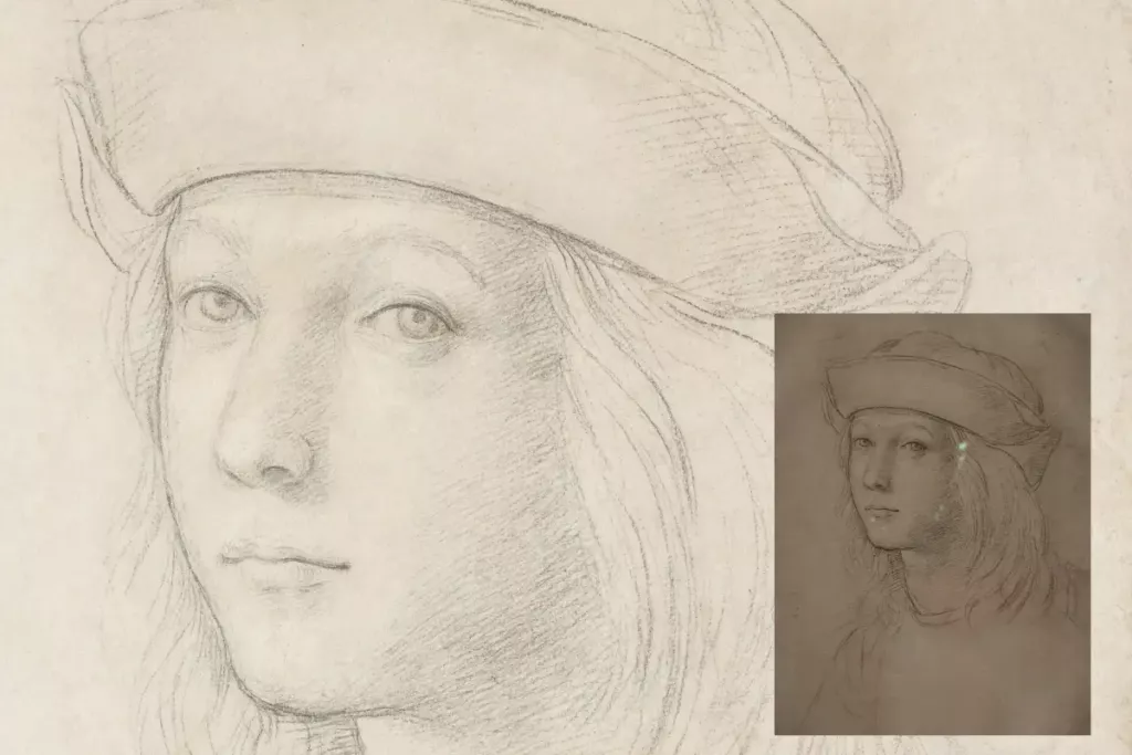Raphael, Portrait of a Young Boy (c. 1500, presumed self-portrait). Black chalk with lost white highlights on paper, 38 × 26 cm. Ashmolean Museum, Oxford.