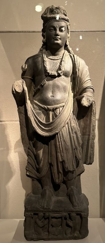 Standing Bodhisattva, probably Maitreya (Buddha of the Future). Pakistan (ancient region of Gandhara), c. 3rd century. Schist.