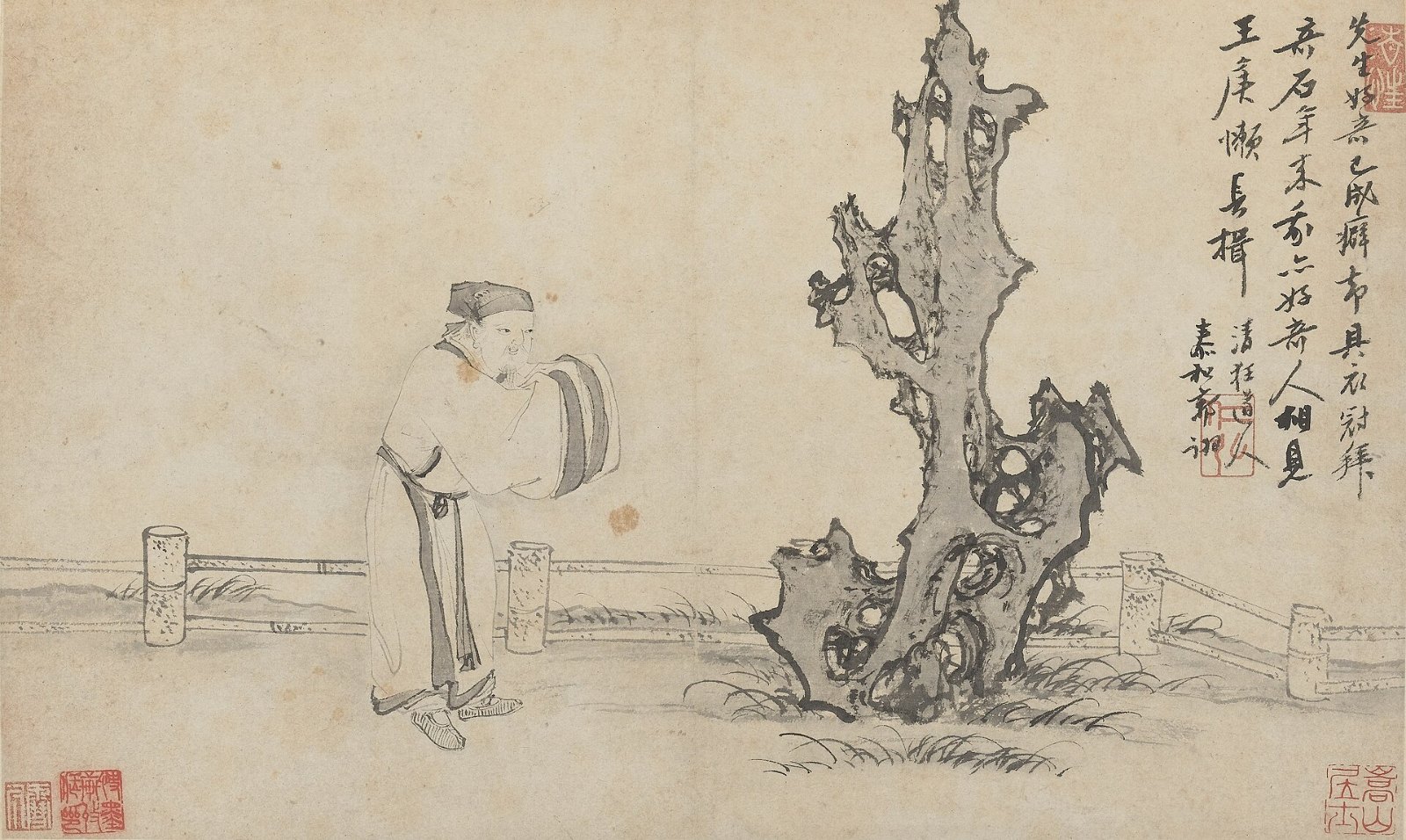 Guo Xu, Mi Fu bowing to a rock, album leaf dated 1503. Ink and color on paper. Ming dynasty.