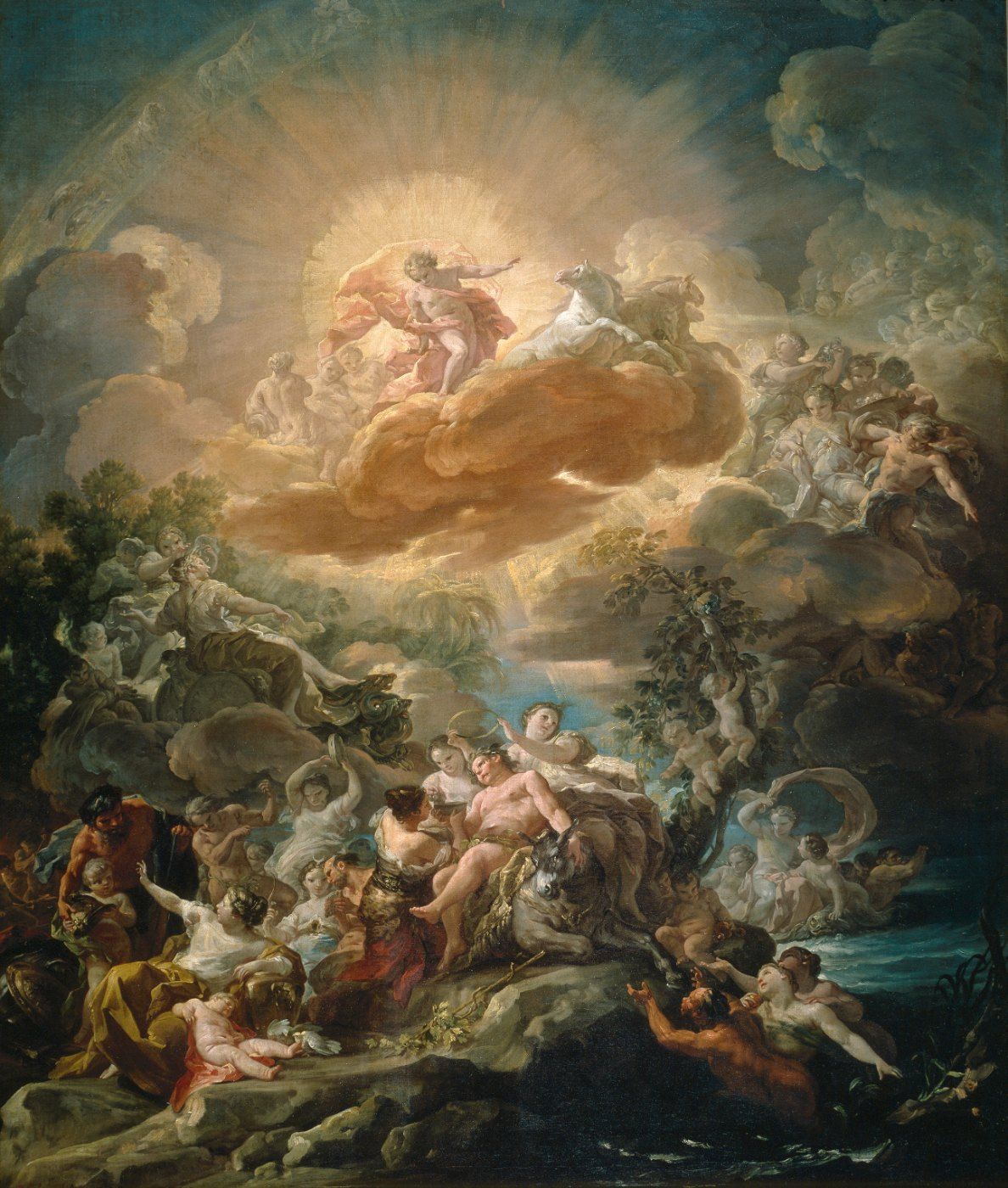 Apollo, radiant in a golden sky among clouds, with gods and figures gathered below