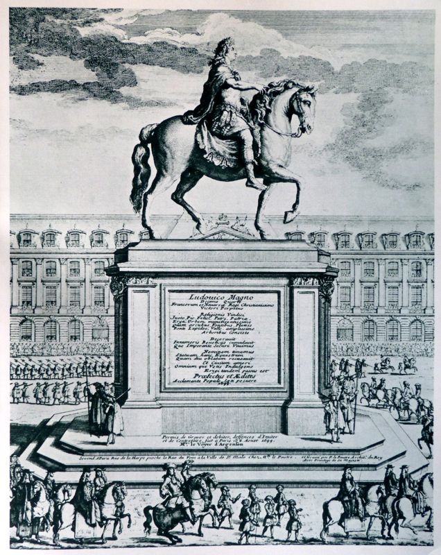 The equestrian statue of Louis XIV by François Girardon at its inauguration in the Place Louis-le-Grand (now Place Vendôme), 1699.