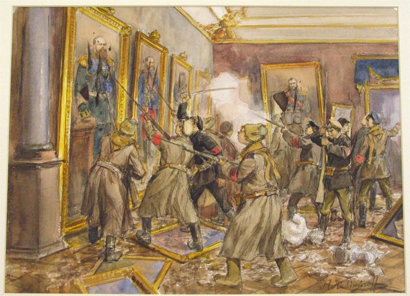 Soldiers with rifles and bayonets attack paintings and furnishings in a palace room