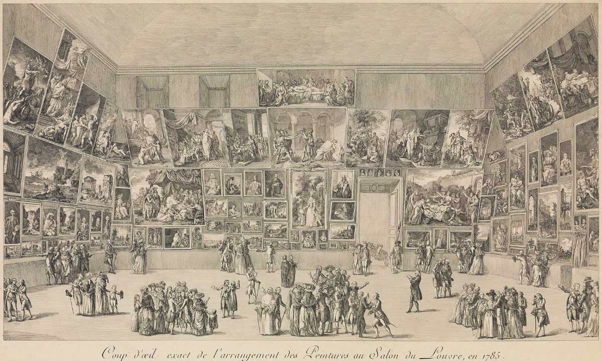 Engraving of the Salon of 1785 in the Louvre: paintings hung frame to frame from floor to ceiling, visitors in the foreground