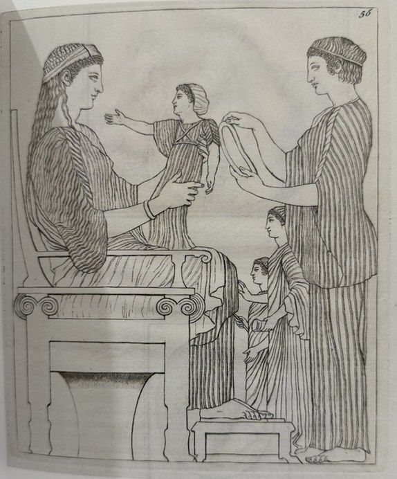 Line engraving of a seated woman holding up a child before three standing figures